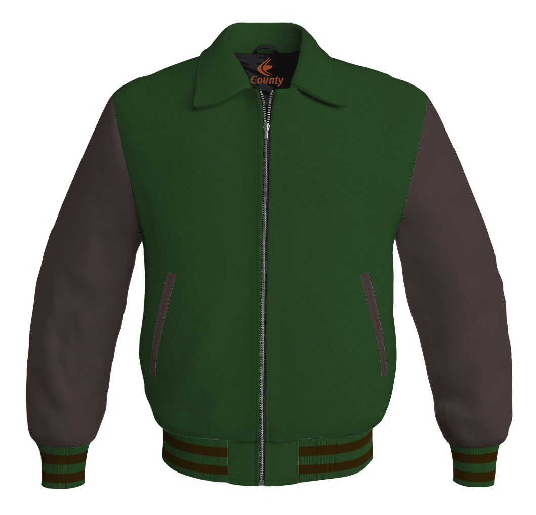 Luxury Bomber Classic Jacket Forest Green Body and Brown Leather Sleeves