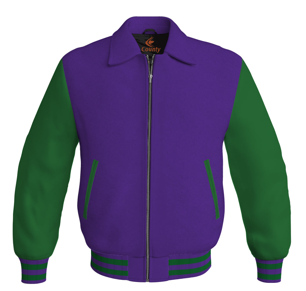 Luxury Bomber Classic Jacket Purple Body and Green Leather Sleeves