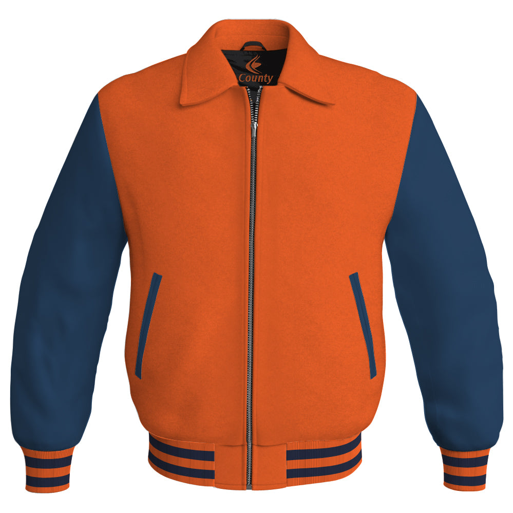 Luxury Bomber Classic Jacket Orange Body and Navy Blue Leather Sleeves