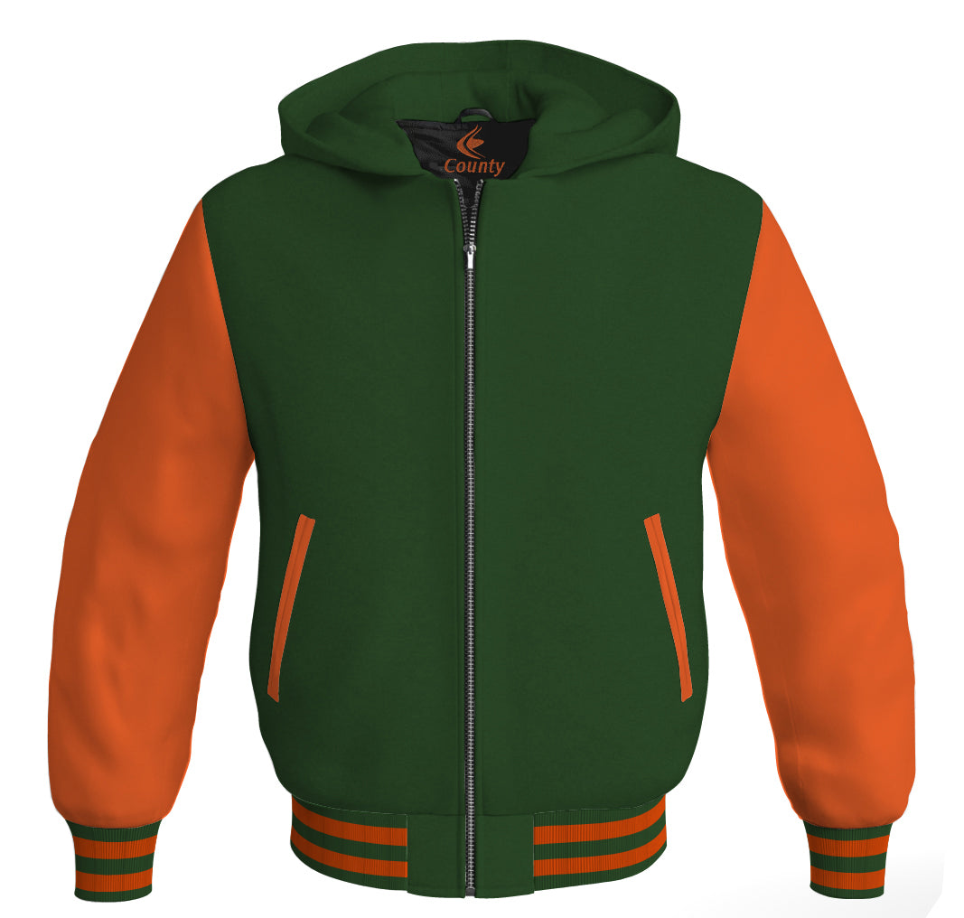 Letterman Bomber Hoodie Jacket Forest Green Body Orange Leather Sleeves