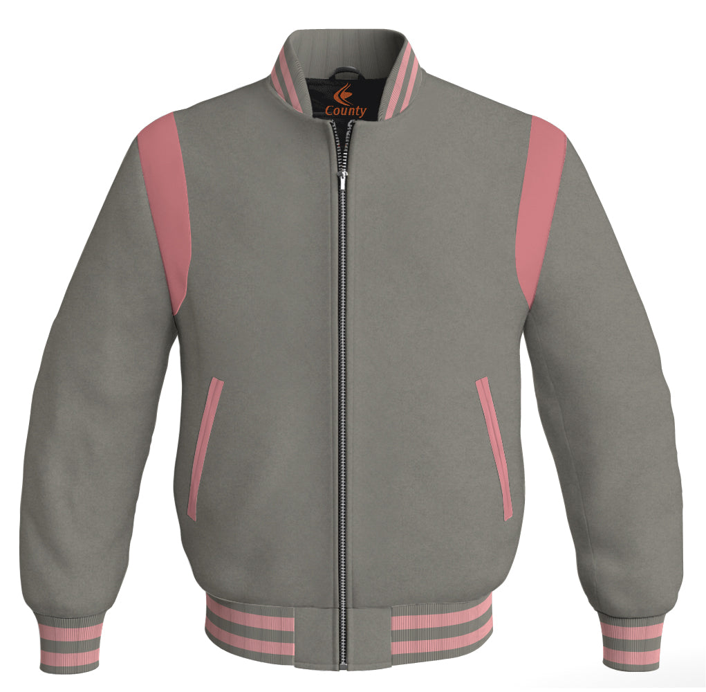 Letterman Baseball Bomber Retro Jacket Gray Body Pink Leather Inserts