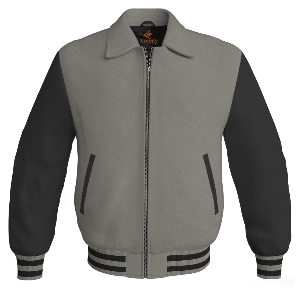 Luxury Bomber Classic Jacket Gray Body and Black Leather Sleeves