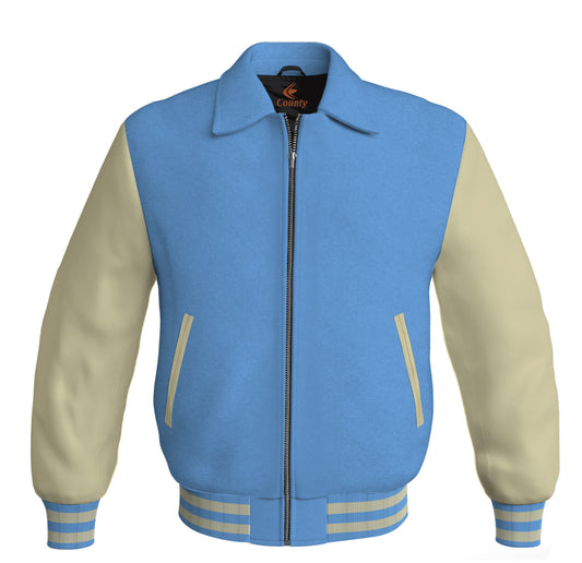 Luxury Bomber Classic Jacket Sky Blue Body and Cream Leather Sleeves