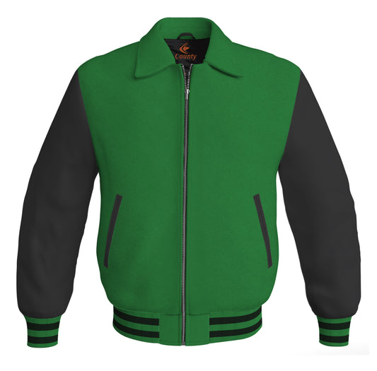 Luxury Bomber Classic Jacket Green Body and Black Leather Sleeves