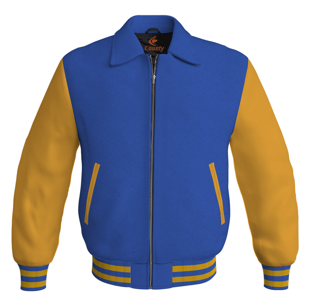 Luxury Bomber Classic Jacket Royal Blue Body and Golden Leather Sleeves