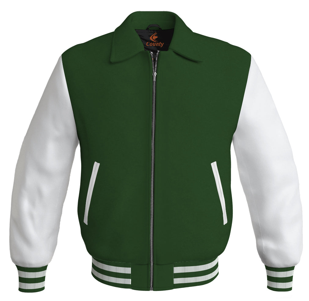 Luxury Bomber Classic Jacket Forest Green Body and White Leather Sleeves