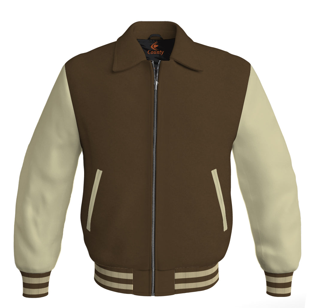 Luxury Bomber Classic Jacket Brown Body and Cream Leather Sleeves