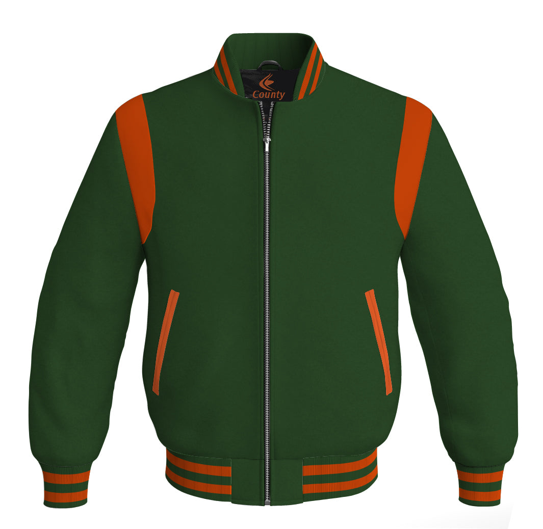 Letterman Baseball Bomber Retro Jacket Forest Green Body Orange Leather Inserts