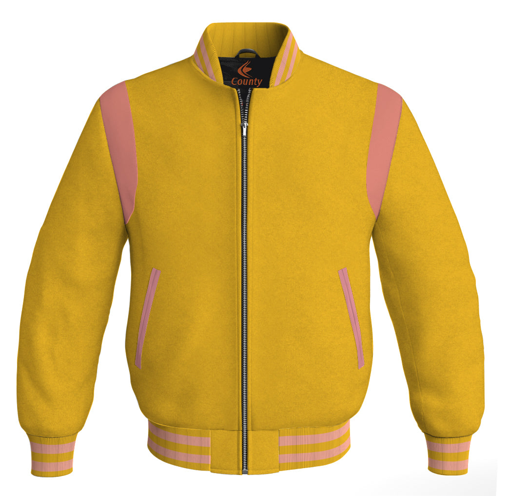 Letterman Baseball Bomber Retro Jacket Yellow/Gold Body Pink Leather Inserts