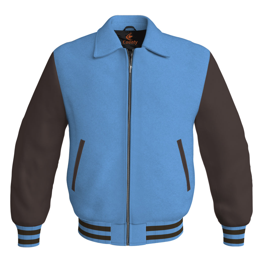 Luxury Bomber Classic Jacket Sky Blue Body and Brown Leather Sleeves