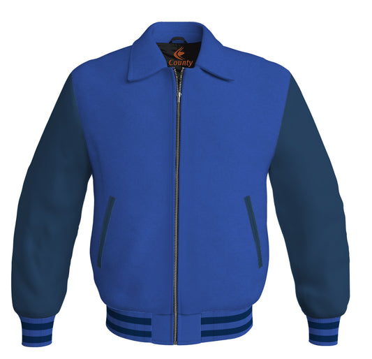 Luxury Bomber Classic Jacket Royal Blue Body and Navy Blue Leather Sleeves