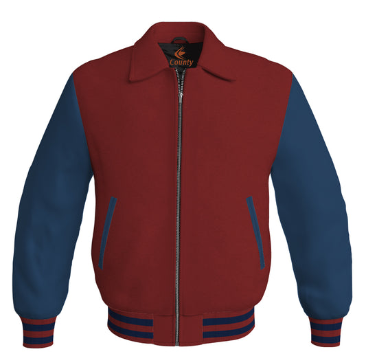 Luxury Bomber Classic Jacket Maroon Body and Navy Blue Leather Sleeves