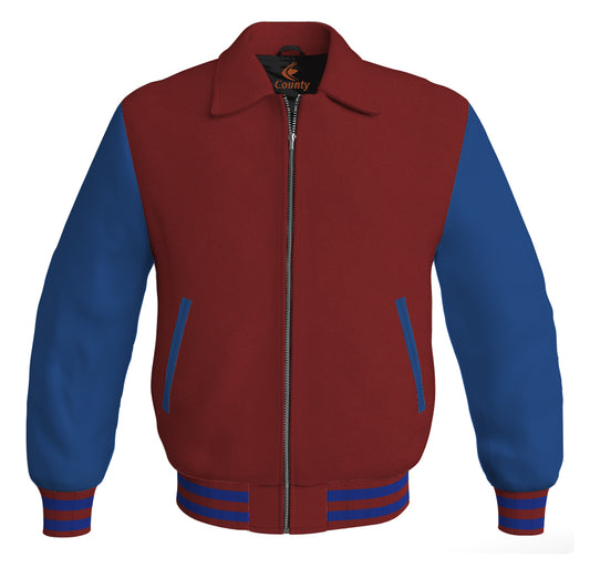 Luxury Bomber Classic Jacket Maroon Body and Blue Leather Sleeves