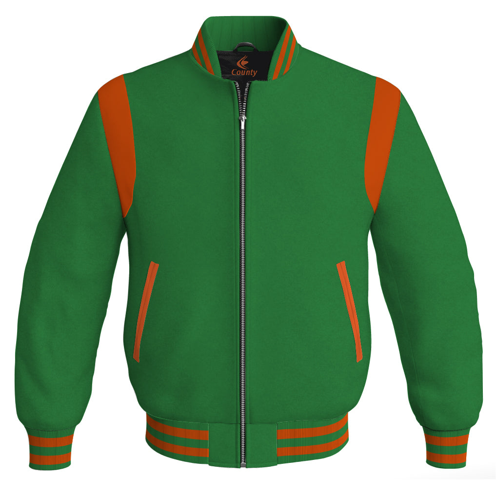 Letterman Baseball Bomber Retro Jacket Green Body Orange Leather Inserts