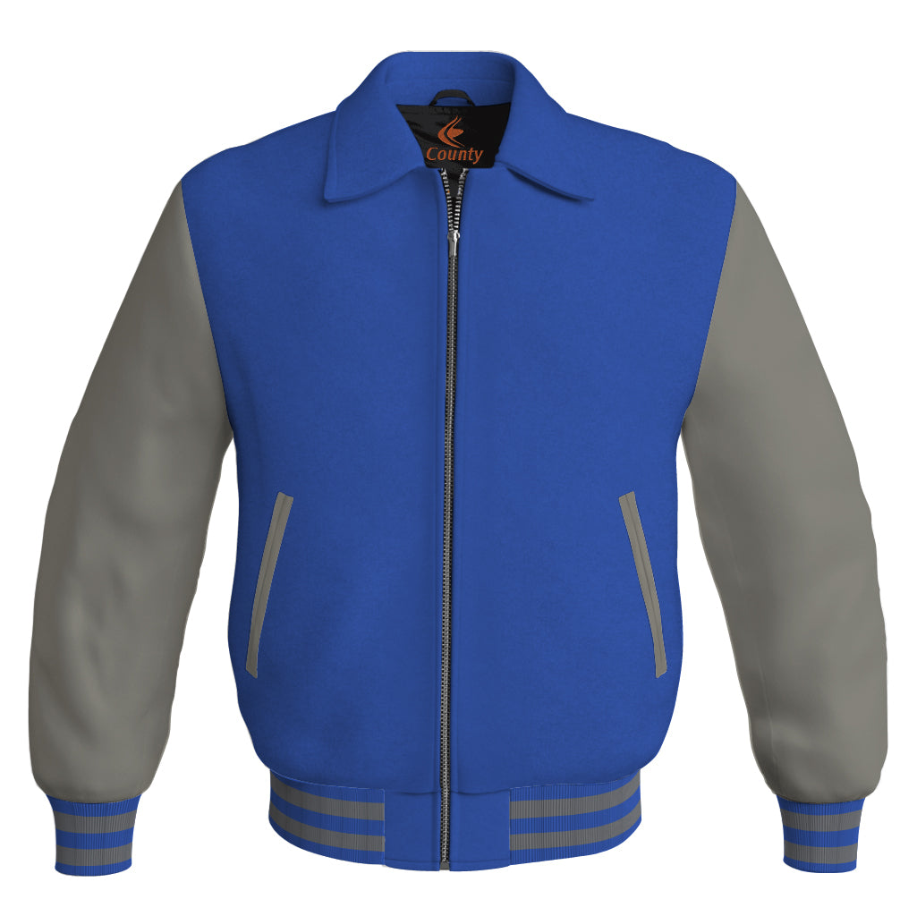 Luxury Bomber Classic Jacket Royal Blue Body and Gray Leather Sleeves