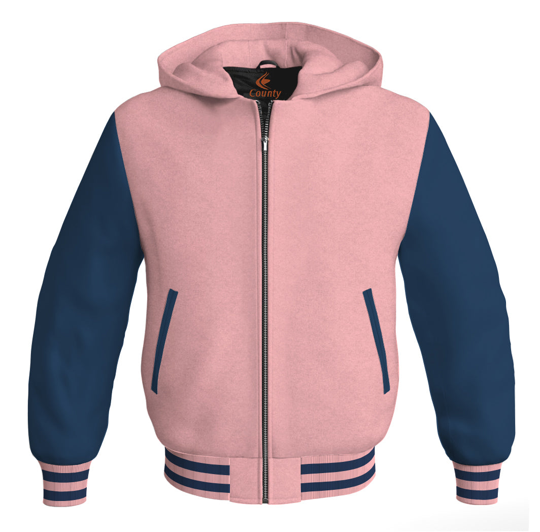 Letterman Bomber Hoodie Jacket Pink Body Navy Blue Leather Sleeves