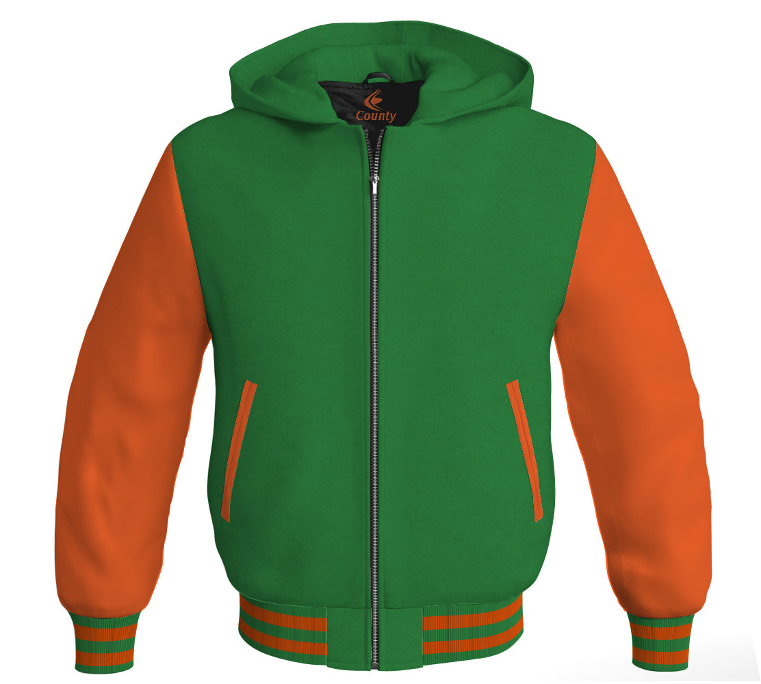 Letterman Bomber Hoodie Jacket Green Body Orange Leather Sleeves