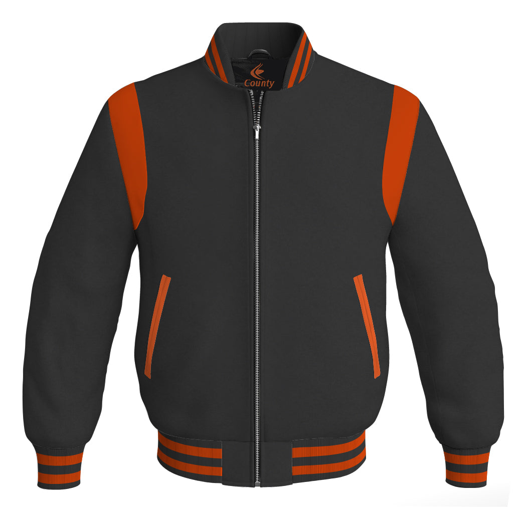 Letterman Baseball Bomber Retro Jacket Black Body Orange Leather Inserts