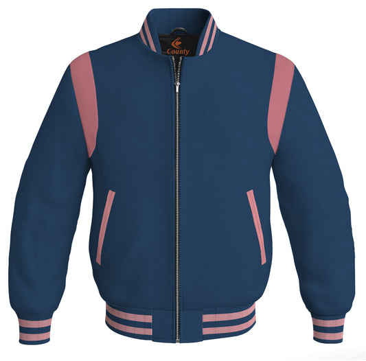 Letterman Baseball Bomber Retro Jacket Navy Blue Body Pink Leather Inserts