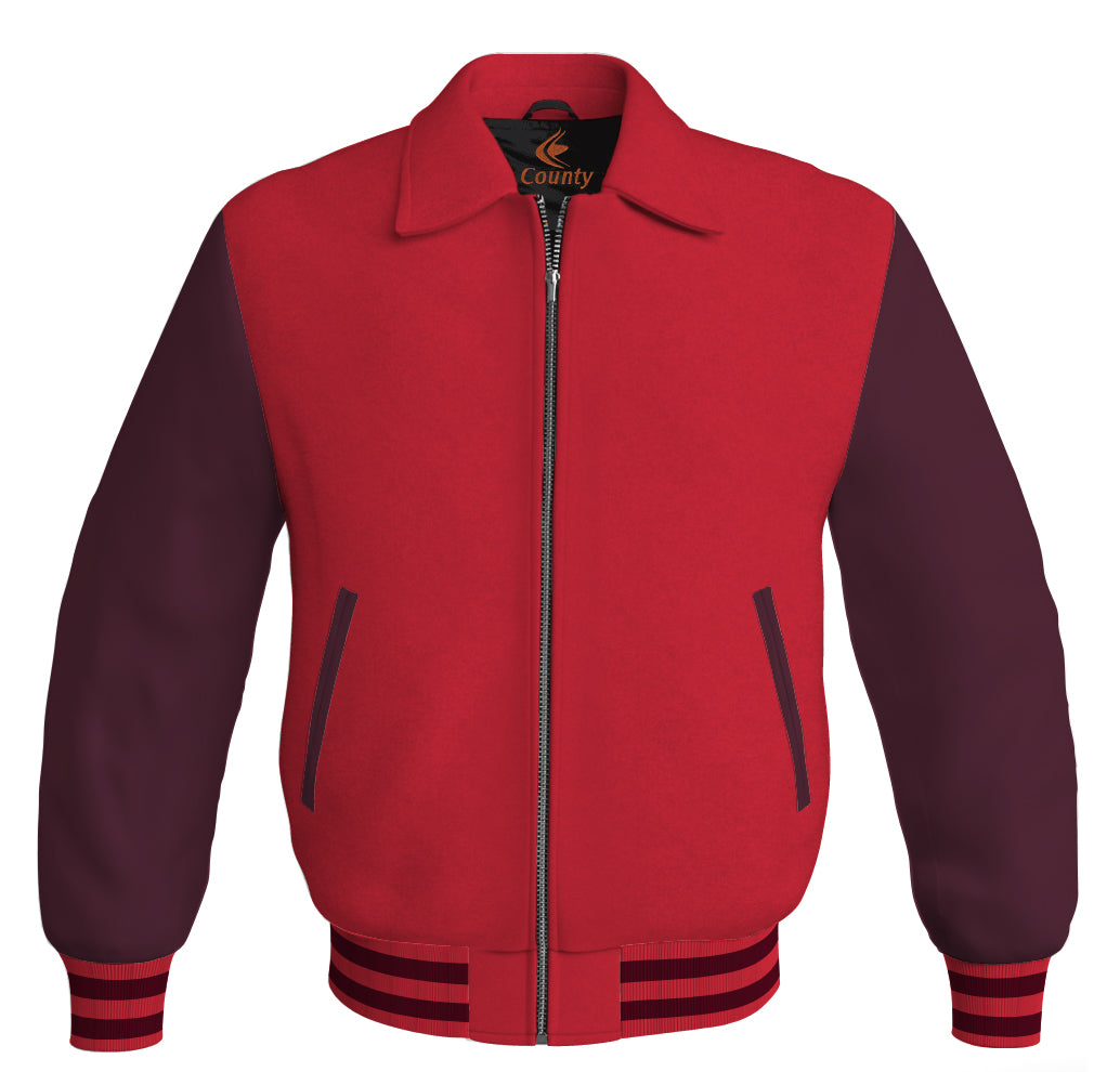 Luxury Bomber Classic Jacket Red Body and Maroon Leather Sleeves