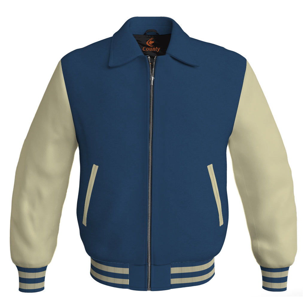 Luxury Bomber Classic Jacket Navy Blue Body and Cream Leather Sleeves