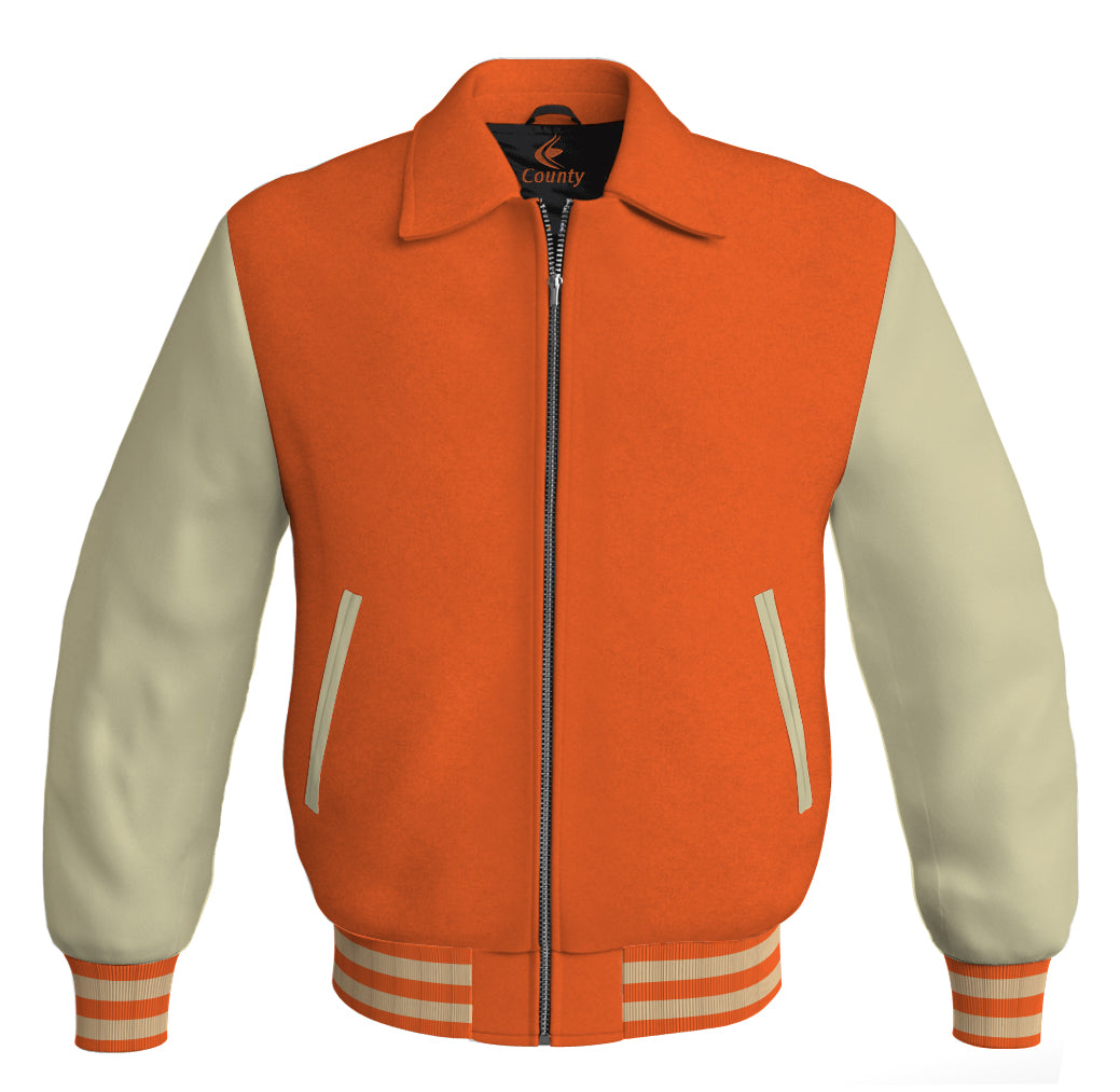 Luxury Bomber Classic Jacket Orange Body and Cream Leather Sleeves