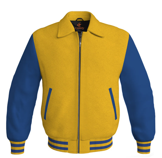 Luxury Bomber Classic Jacket Yellow/Gold Body and Blue Leather Sleeves