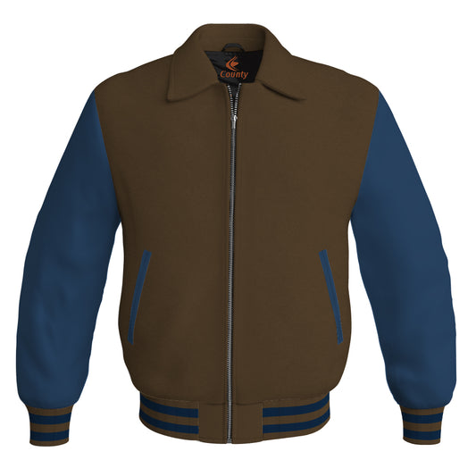 Luxury Bomber Classic Jacket Brown Body and Navy Blue Leather Sleeves