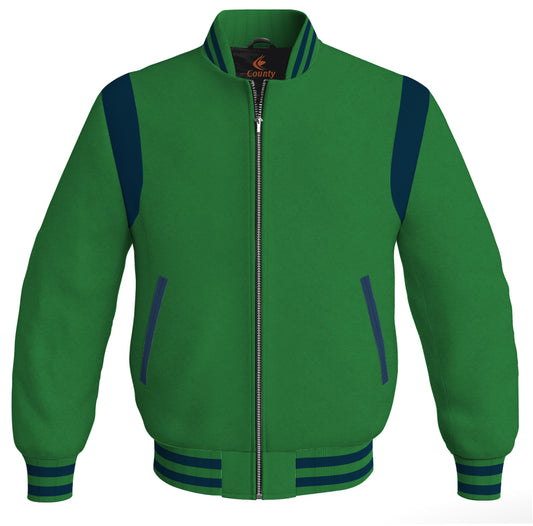 Letterman Baseball Bomber Retro Jacket Green Body Navy Blue Leather Inserts