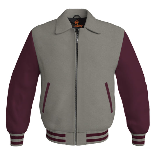 Luxury Bomber Classic Jacket Gray Body and Maroon Leather Sleeves