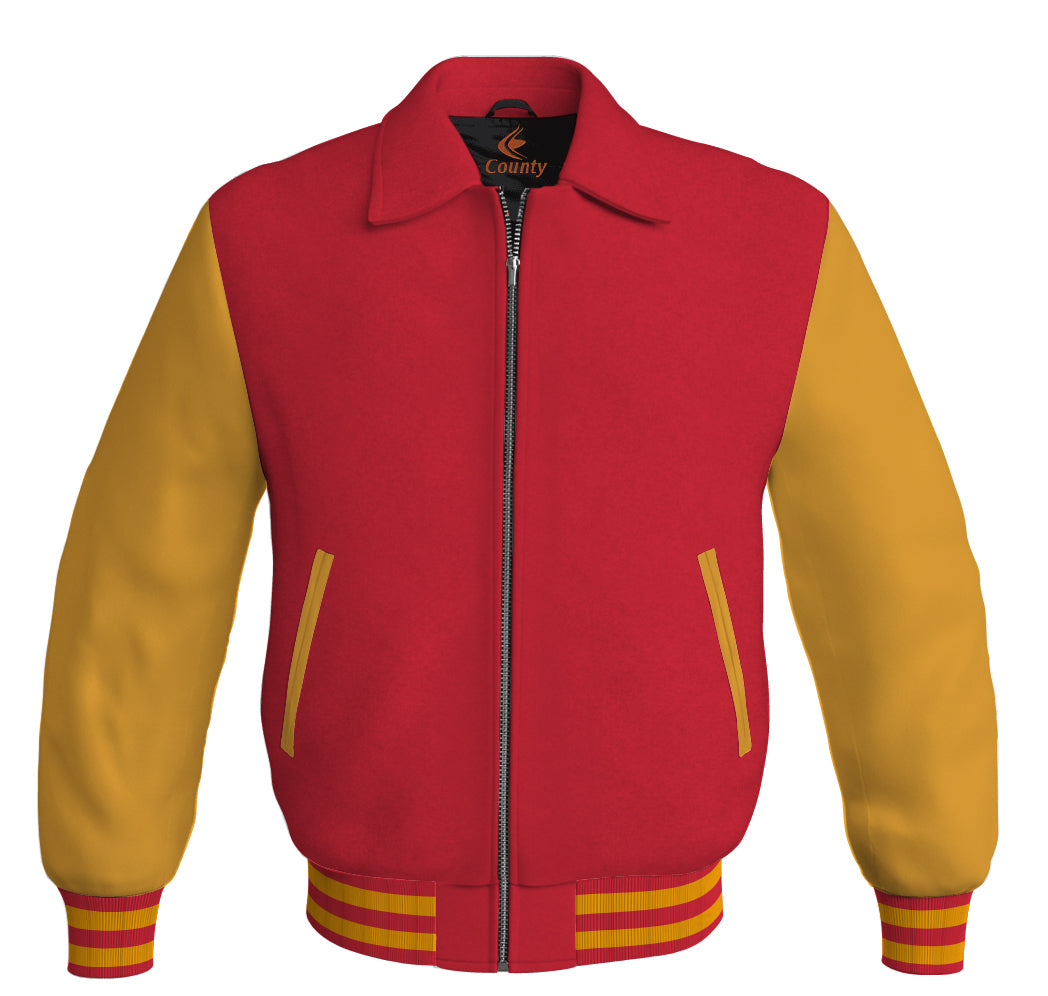 Luxury Bomber Classic Jacket Red Body and Golden Leather Sleeves