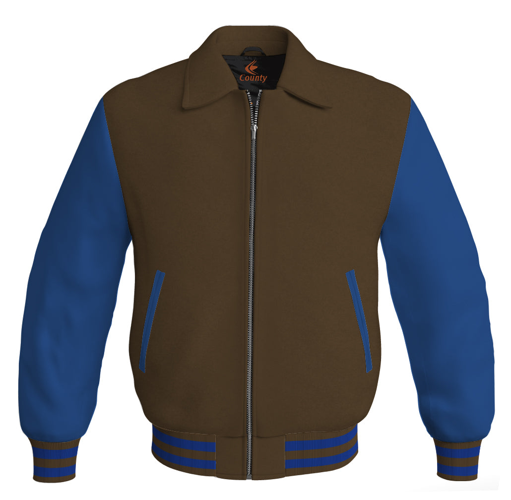 Luxury Bomber Classic Jacket Brown Body and Blue Leather Sleeves