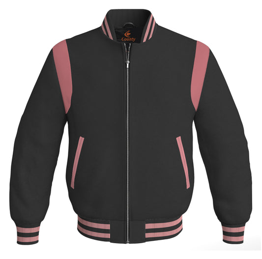 Letterman Baseball Bomber Retro Jacket Black Body Pink Leather Inserts