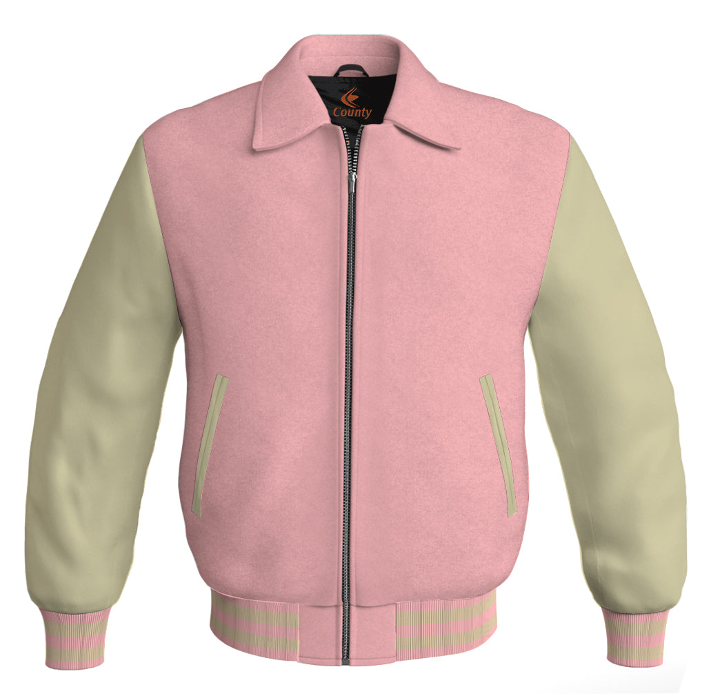 Luxury Bomber Classic Jacket Pink Body and Cream Leather Sleeves