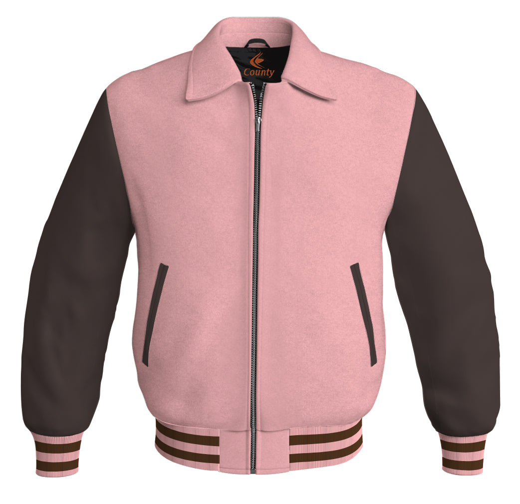 Luxury Bomber Classic Jacket Pink Body and Brown Leather Sleeves