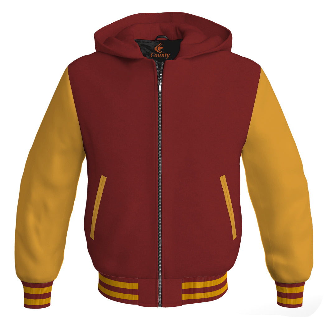 Letterman Bomber Hoodie Jacket Maroon Body Gold Leather Sleeves