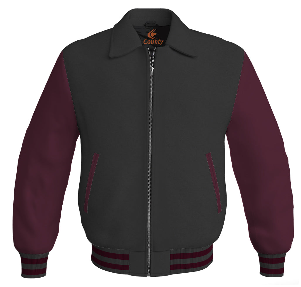 Luxury Bomber Classic Jacket Black Body and Maroon Leather Sleeves