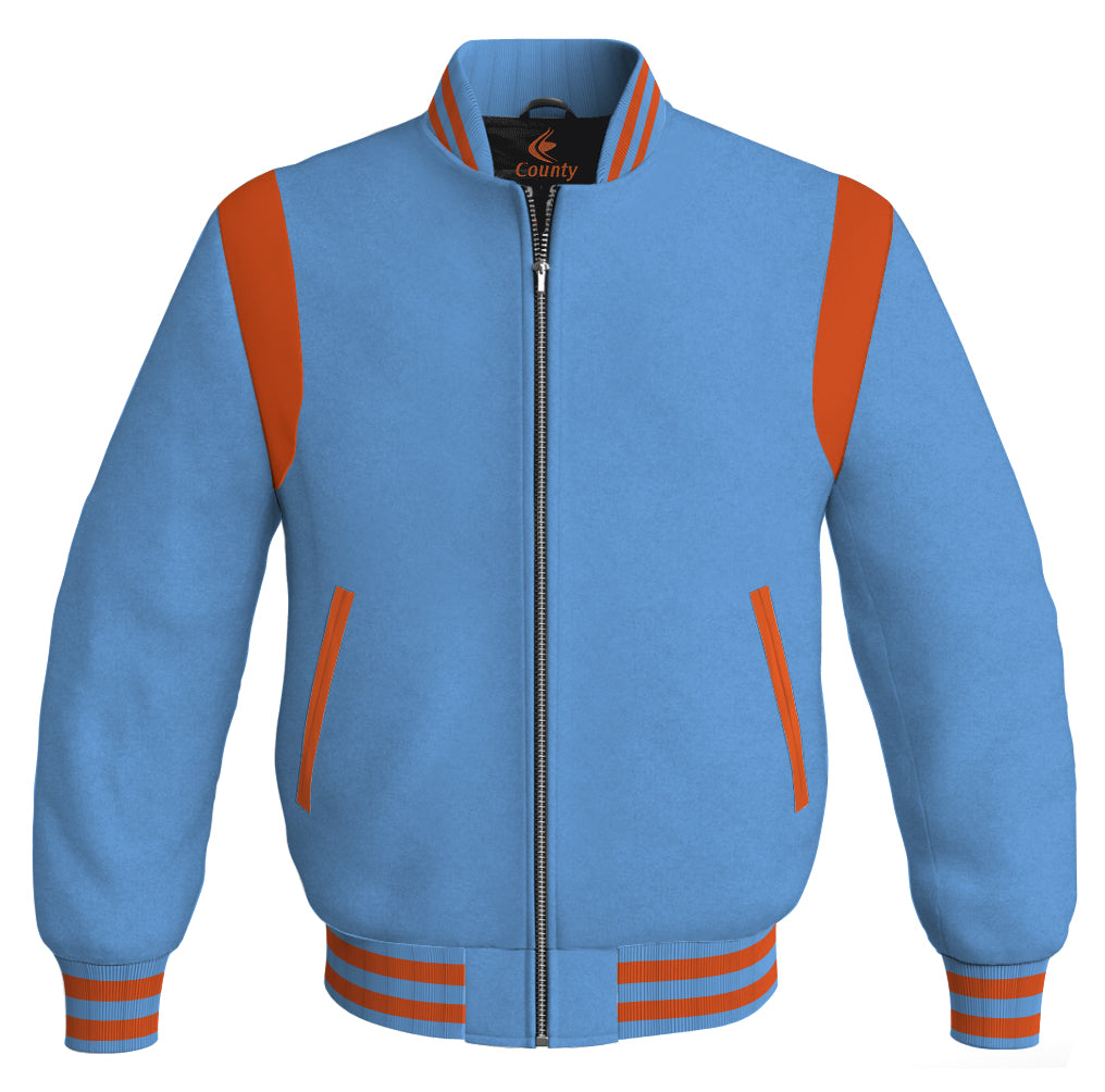 Letterman Baseball Bomber Retro Jacket Sky Blue Body Orange Leather Inserts