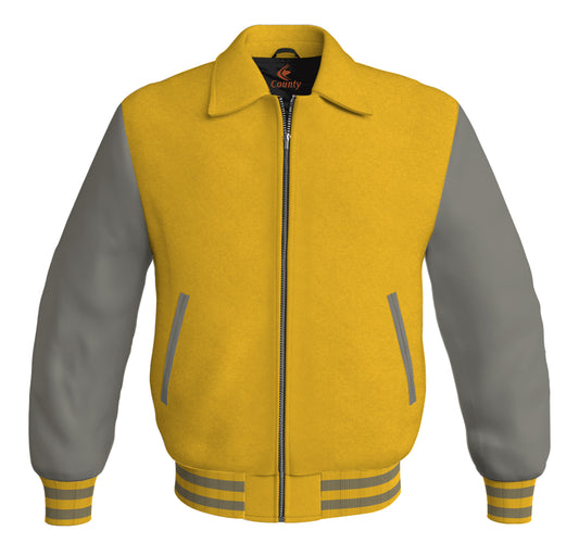 Luxury Bomber Classic Jacket Yellow/Gold Body and Gray Leather Sleeves