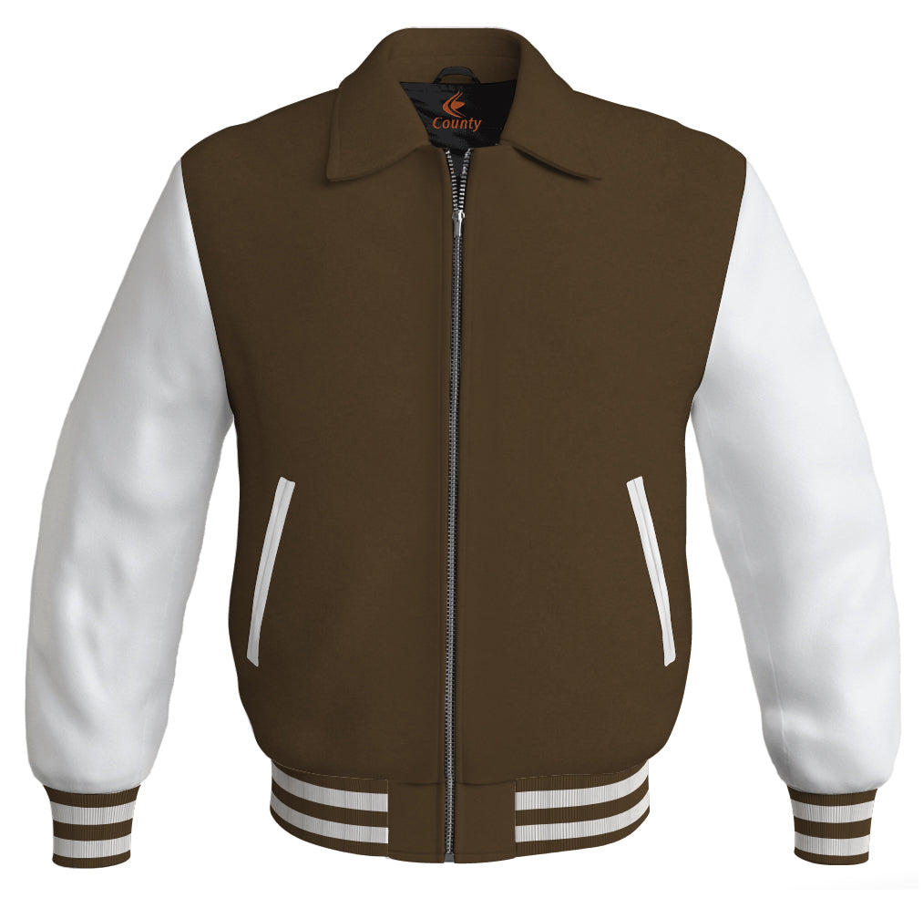 Luxury Bomber Classic Jacket Brown Body and White Leather Sleeves