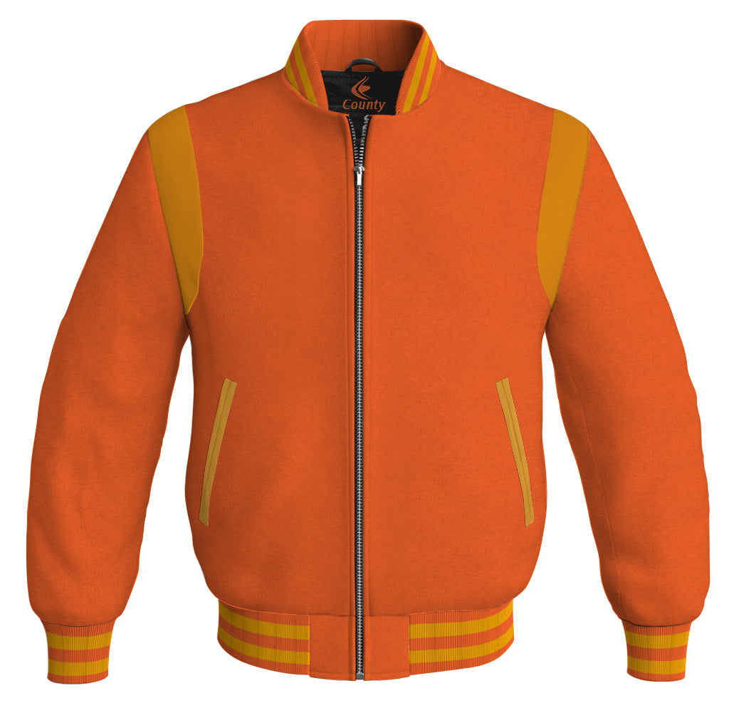 Letterman Baseball Bomber Retro Jacket Orange Body Golden Leather Inserts