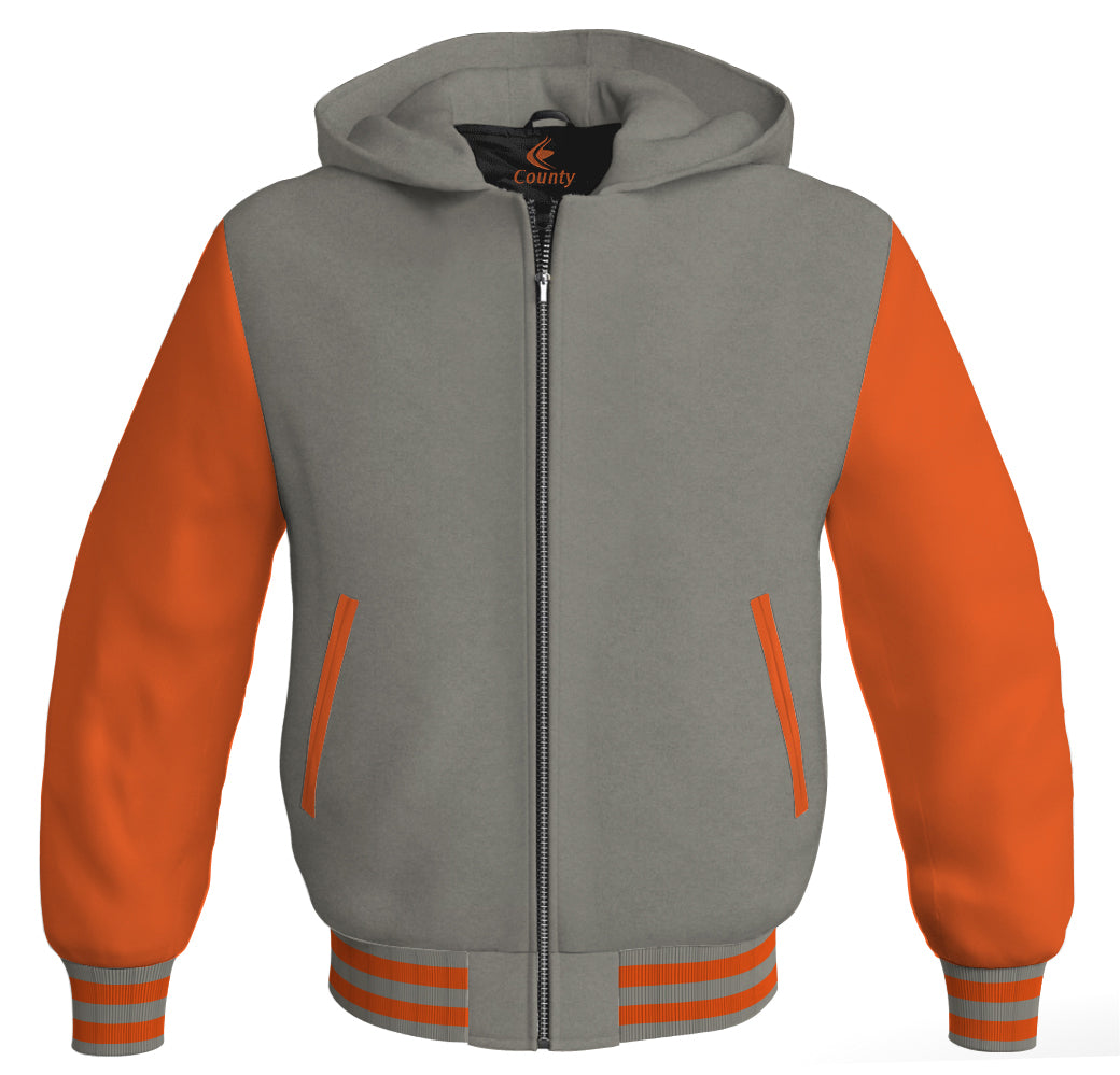 Letterman Bomber Hoodie Jacket Gray Body Orange Leather Sleeves