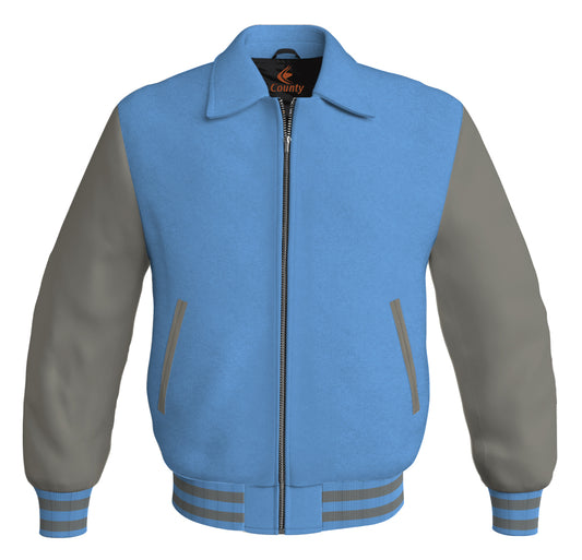 Luxury Bomber Classic Jacket Sky Blue Body and Gray Leather Sleeves