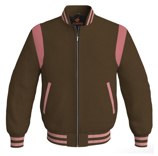 Letterman Baseball Bomber Retro Jacket Brown Body Pink Leather Inserts