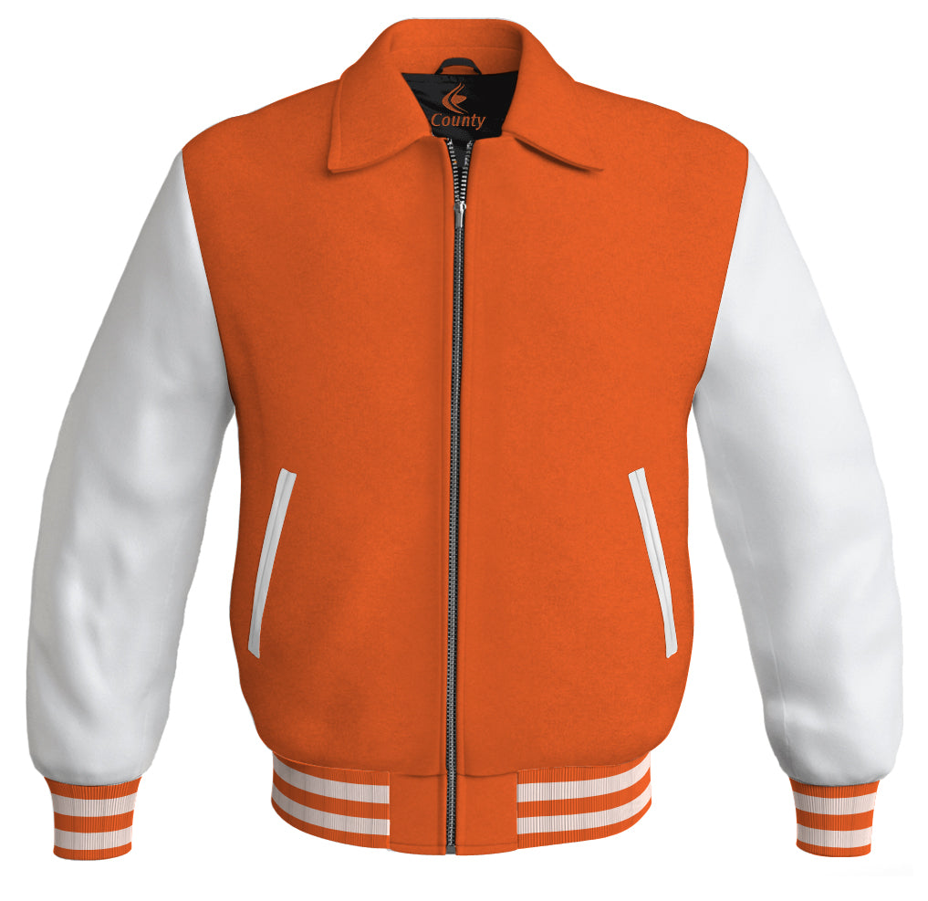 Luxury Bomber Classic Jacket Orange Body and White Leather 