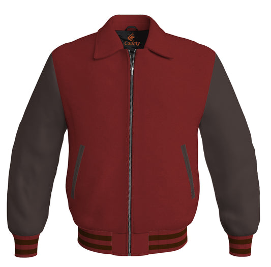 Luxury Bomber Classic Jacket Maroon Body and Brown Leather Sleeves