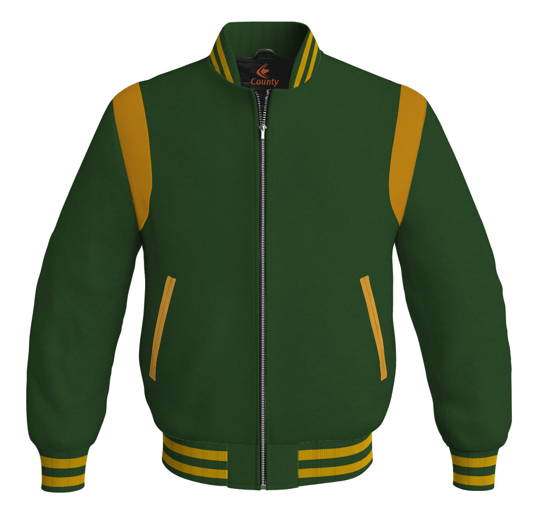 Letterman Baseball Bomber Retro Jacket Forest Green Body Golden Leather Inserts