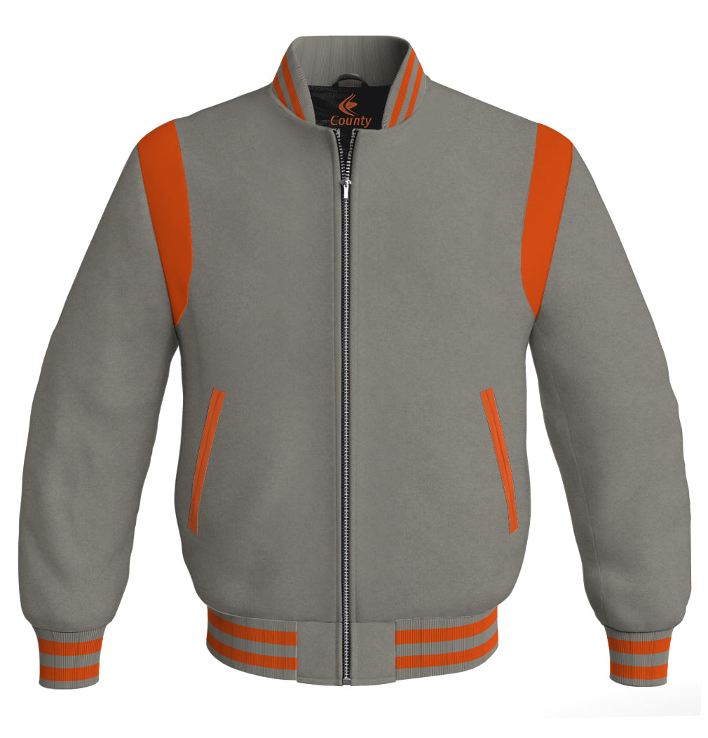 Letterman Baseball Bomber Retro Jacket Gray Body Orange Leather Inserts