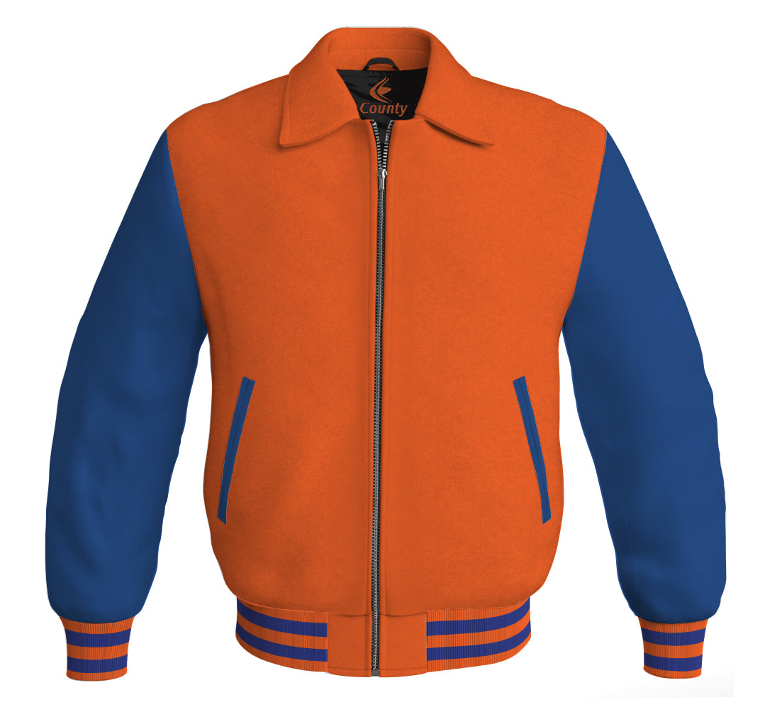 Luxury Bomber Classic Jacket Orange Body and Blue Leather Sleeves