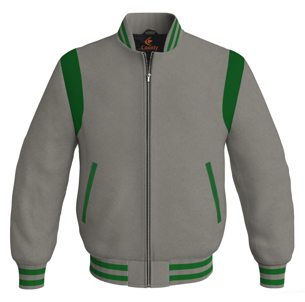 Letterman Baseball Bomber Retro Jacket Gray Body Green Leather Inserts